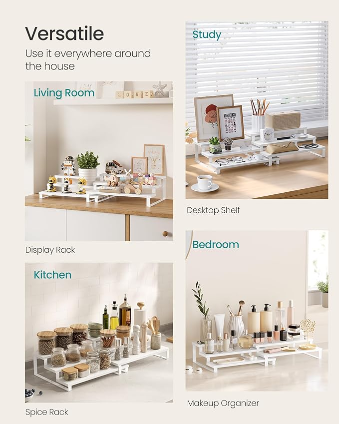 SONGMICS Display Risers, Set of 2 Engineered Wood Perfume Organizer Stand, 3-Tier Cupcake Stand Holder, Spice Rack, Shelf Risers for Figures, Dessert Shelves, Snow White and Cloud White UKCS116W01