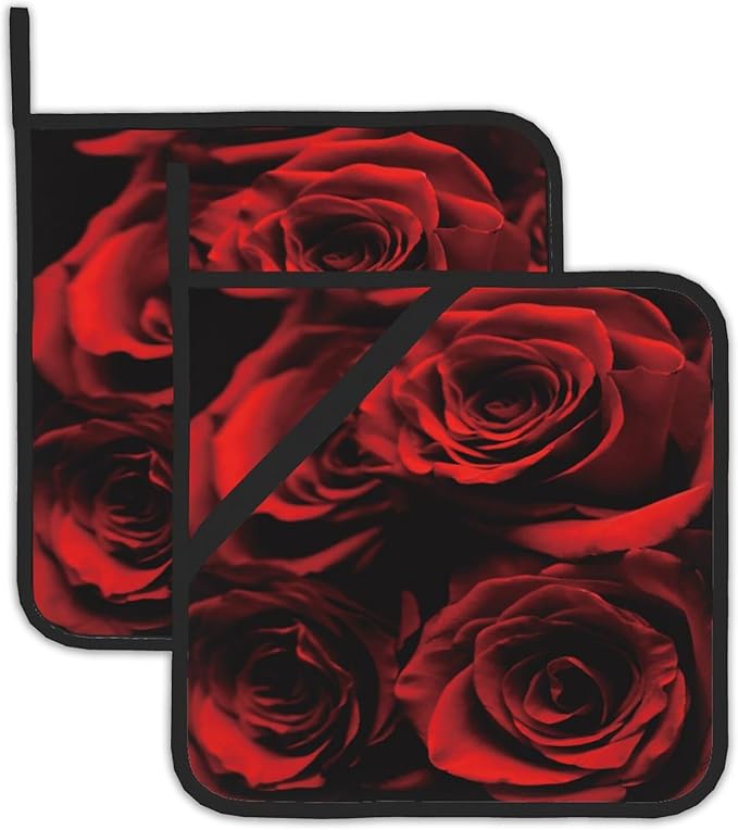 2PCS Rose Pot Holder with Loop,Abstract Red Black Rose Heat Resistant Oven Pads, Hot Pat for Kitchen Cooking Baking Food
