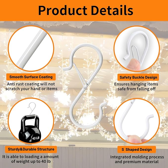 48 PCS S Hooks for Hanging with Safety Buckle, 3.5 inch Heavy Duty Metal S Shaped Hooks for Kitchen Utensil, Cups, Pots, Plants, Bags, Hats (White)