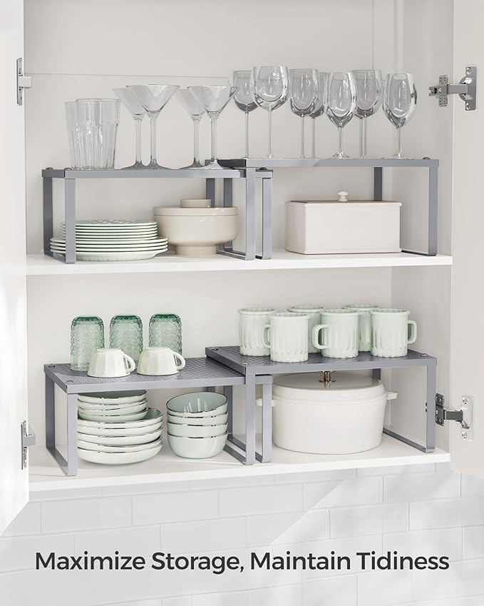 SONGMICS Spice Racks, Set of 2 Metal Cabinet Shelf Organizers, Countertop Organizers, Shelf Risers, Stackable, Expandable, Silver UKCS01SV