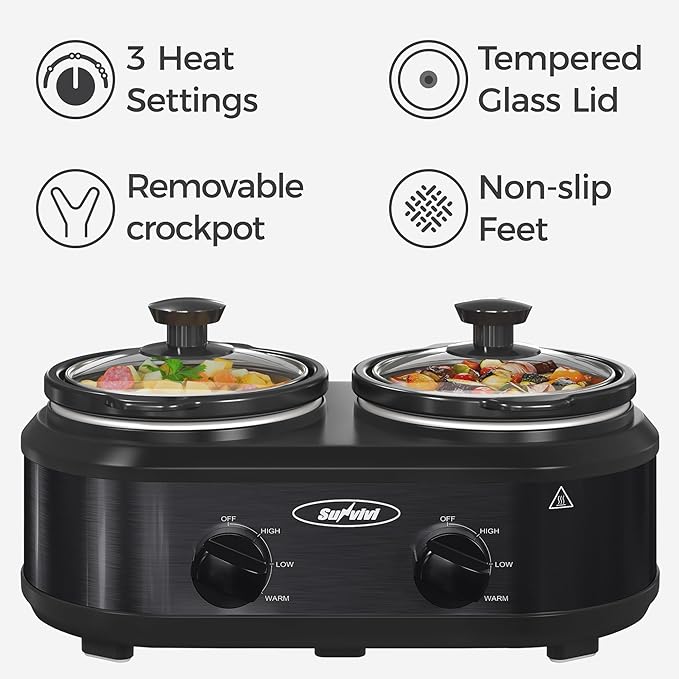 2 * 1.25 Quarts Dual Slow Cooker, Buffet Server & Warmer with 2 Removable Ceramic Pots, 3 Adjustable Temp Settings & 2 Visible Glass Lids, Stainless Steel, Black