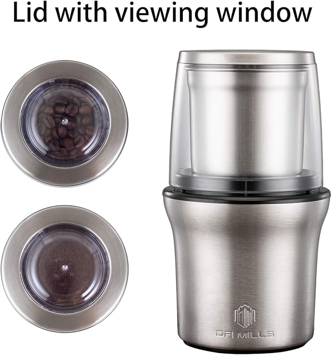 DR MILLS DM-7412N Coffee Grinder Electric, Spice Grinder electric, detachable cup, Blade & cup made with SUS304 stianlees steel,200w small food grinder
