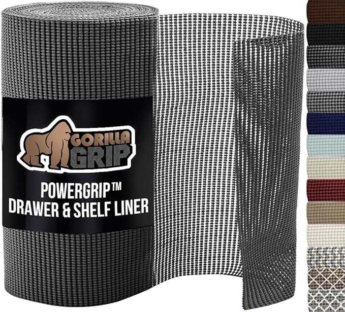 GORILLA GRIP powerGRIP Drawer Shelf and Cabinet Liner, Thick Strong Hold, Non-Adhesive Liners Protect Kitchen Cabinets and Cupboard, Bathroom Drawers, Easy Install, Breathable Mat, 12" x20', Charcoal