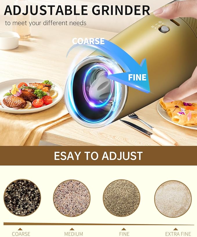 CIRCLE JOY Gravity Electric Salt and Pepper Grinder Set with 2-Speed, Rechargeable Salt and Pepper Grinder Set, Adjustable Coarseness, Whiet LED Light