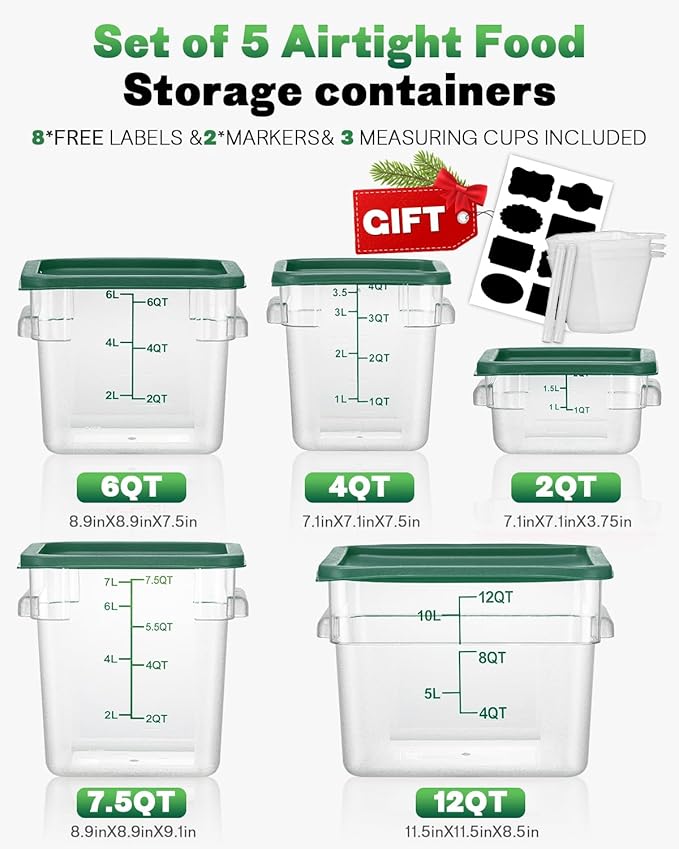 2QT4QT NSF Food Storage Containers: 8 PCS [Food Grade][Hot&Cold Resistant] Commercial Clear Square Food Storage Containers with Scales Handles for Home Restaurant Kitchen Proof Dough(BPA FREE-GREEN)