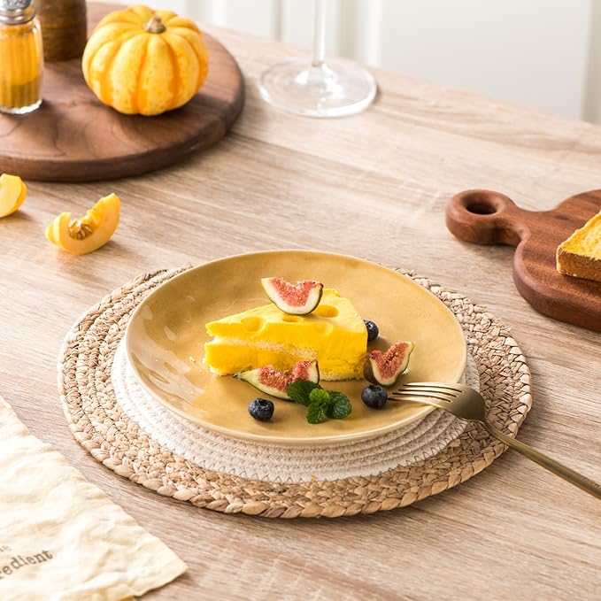 vicrays Ceramic Dessert Salad Plates, 8 Inch, Set of 6, Round, Microwave, Oven, and Dishwasher Safe, Scratch Resistant, Porcelain Fluted Suitable for Snacks, Appetizer, Home, Restaurant (Yellow)