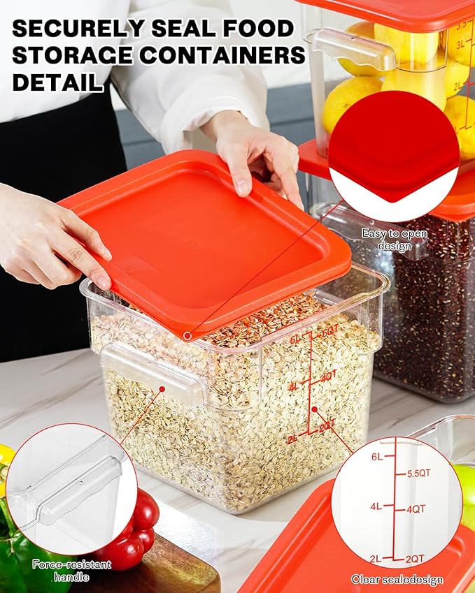 4QT NSF Food Storage Containers: 8 PCS [Food Grade][Hot&Cold Resistant] Commercial Clear Square Food Storage Containers with Scales Handles for Home Restaurant Kitchen Proof Dough (Red)