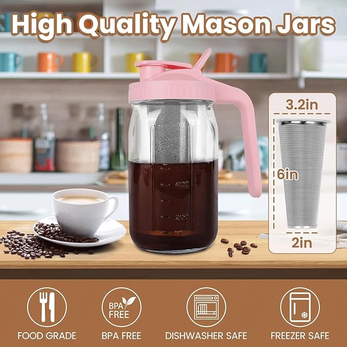 Cold Brew Coffee Maker,32 oz Mason Jar Pitcher with Stainless Steel Filter, Pour Spout Handle Lid, Heavy Duty Glass Airtight & Leak-Proof Pitcher for iced coffee Tea Breastmilk Lemonade-Pink