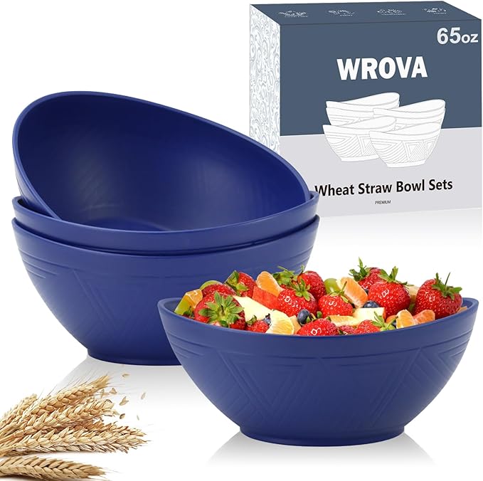 65oz Large Salad Bowls Deep Blue - Wheat Straw Serving Bowls Set of 4 - Unbreakable Serving Bowls Dishware & Microwave Safe - BPA Free Bowl for kitchen,camping