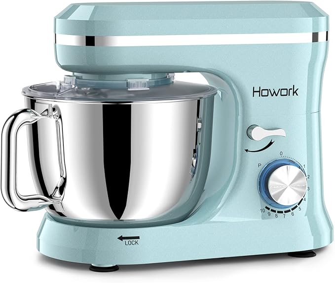 HOWORK Electric Stand Mixer,10+p Speeds With 6.5QT Stainless Steel Bowl,Dough Hook, Wire Whip & Beater,for Most Home Cooks,Blue