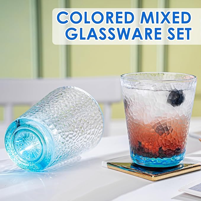 Drinking Glasses, 8 Piece Glass Cups, Colored Mixed Glassware Set, 4 pcs Crystal 12oz Highballs and 4 pcs 10oz Rocks Glasses, Great for Cocktail, Whisky and other Beveragesc (Light BLUE)