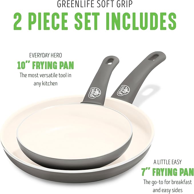GreenLife Non Stick Fry Pan Set (7" & 10"), Non-Toxic PFAS-Free Ceramic Skillets, Dishwasher & Oven Safe, Egg Omelet Frying Pans, Stay- Cool Handles, Kitchen Home Cooking Essentials, Gray