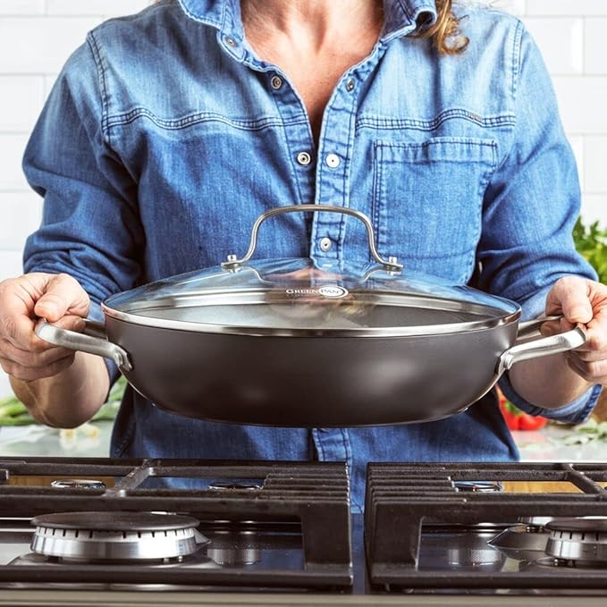 GreenPan Chatham Hard Anodized Healthy Ceramic Nonstick, 11" Everyday Frying Pan Skillet with 2 Handles and Lid, PFAS-Free, Dishwasher Safe, Oven Safe, Gray