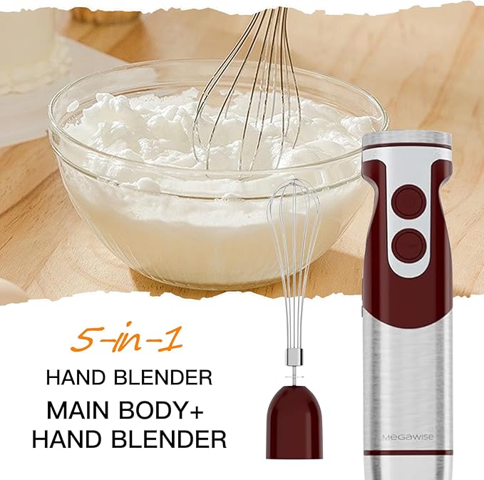 MegaWise Pro Titanium Reinforced 5-in-1 Immersion Hand Blender, Powerful Motor with 80% Sharper Blades, 12-Speed Corded Blender, Including 500ml Chopper, 600ml Beaker, Whisk and Milk Frother (Red)