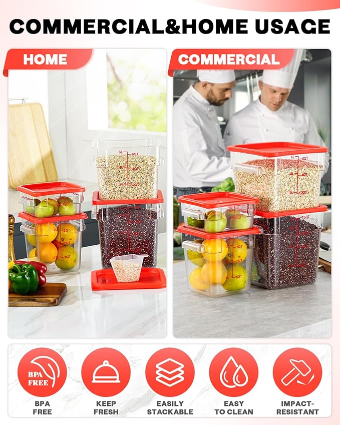 2QT&4QT NSF Food Storage Containers: 8 PCS[Food Grade] [Hot&Cold Resistant] Commercial Clear Square Food Storage Containers with Scales Handles for Home Restaurant Kitchen(BPA FREE)