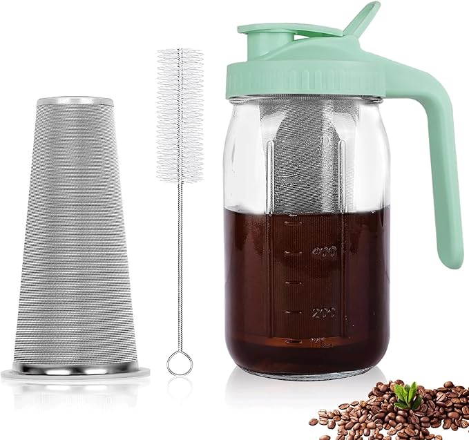 Cold Brew Coffee Maker,32 oz Mason Jar Pitcher with Stainless Steel Filter, Pour Spout Handle Lid, Heavy Duty Glass Airtight & Leak-Proof Pitcher for iced coffee Tea Breastmilk Lemonade-Green