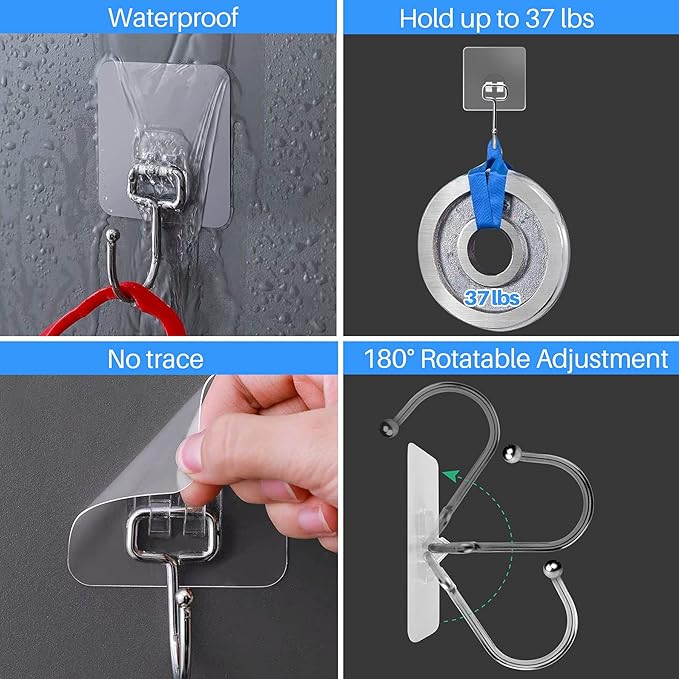 50 Pack Clear Adhesive Hooks, 37lb(Max) Heavy Duty Self Adhesive Hooks, Sticky Wall Hook with No Damage and Quick Assembly, Waterproof Bathroom Kitchen Wall Accessories Hanger and Holder