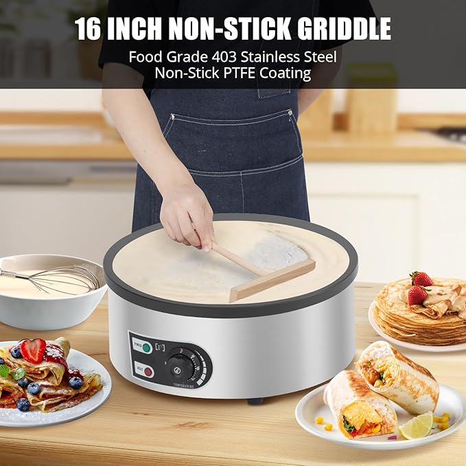 16" Commercial Electric Crepe Maker - 1500W Pancake Maker Griddle Nonstick Plate & Stainless Steel Round Base - Adjustable Temp Control 110V Electric Crepe Machine for Blintzes Eggs Bacon