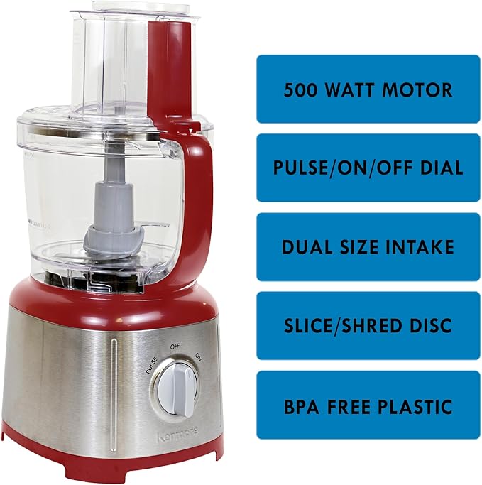 Kenmore 11 Cup Food Processor - Vegetable & Fruit Salad Cutter, Multifunctional, 500 W, Chopper, Clicer, Mincer, Puree, Grater, Blades, Shredder, Compact Stainless Steel Kitchen Appliances, Red