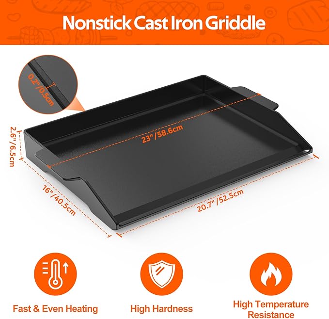 Onlyfire Universal Cast Iron Cooking Griddle, Pre-Seasoned Nonstick Coating Griddle Flat Top Grill Plate with Extra High Sidewalls for All Gas Grills and 4 Burner Range Oven, 23" x 16"