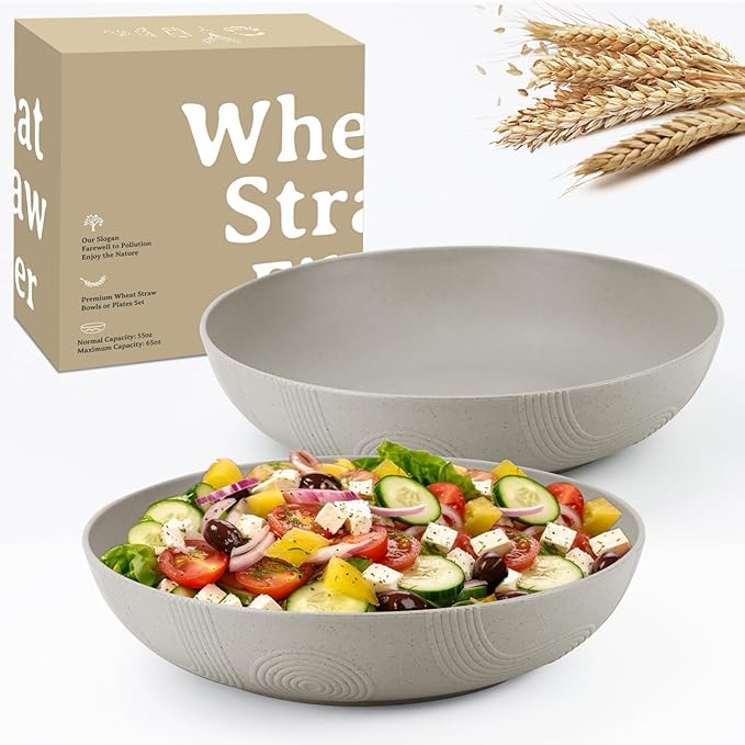 2 Pack Salad Bowls,10inch 65oz Large Salad Bowl Set,Plastic Bowl for Kitchen,wheat straw bowls Set for Soup,Cereal,Ramen,Fruit,Salad,Dishwasher & Microwave Safe,Easy Clean.Gray