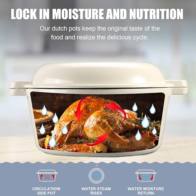 5Qt Dutch Oven, 2-In-1 Enamel Cast Iron Dutch Oven Pot with Skillet Lid, Heavy Duty Oven Safe Cookware for Sourdough Bread Baking Braising, Roasting Stewing Frying Simmering, Multi Stoves, Easy Clean (White)