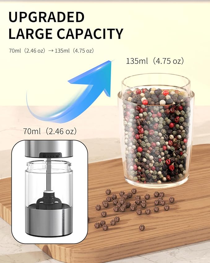 CIRCLE JOY Rechargeable Gravity Electric Salt and Pepper Grinder Set, Stainless Steels Salt and Pepper Mills with LED Light, No Battery Needed, Adjustable Coarseness, Washable 135ml Container, Silver