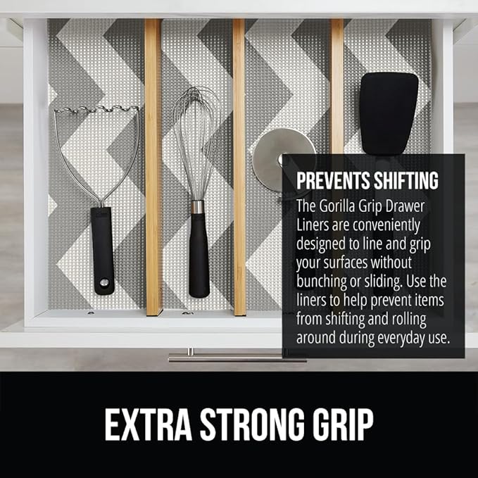 GORILLA GRIP powerGRIP Drawer Shelf and Cabinet Liner, Thick Strong Hold, Non-Adhesive Liners Protect Kitchen Cabinets and Cupboard, Bathroom Drawers, Easy Install, Breathable Mat, 12" x10' Gray White