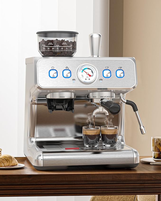 (2025 Upgrade)20 Bar Espresso Machine with Grinder & Milk Frother Steam Wand, Tamping Tools, Expresso Coffee Machines 58mm Commercial Espresso Maker for Home or Café, Perfect for latte, Cappuccino