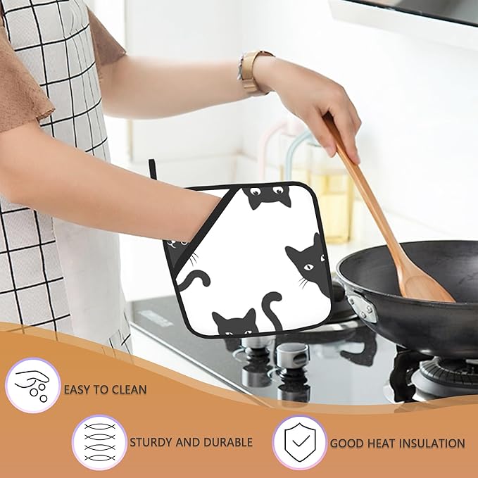 2PCS Black Cat Pot Holder with Loop,Heat Resistant Oven Pads, Hot Pat for Kitchen Cooking Baking Food