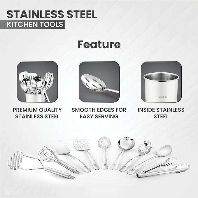 Avador® Premium Set of 10 Stainless Steel (WHITE HOLDER) Kitchen Tool Set with Holder Easy To Clean, Space Saving, Great for Cooking, Baking, Prepping (WHITE)