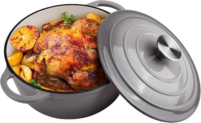 3 Quart Dutch Oven Enameled Cast Iron with Lid - Big Dual Handles - Oven Safe up to 500°F - Classic Round Pot for Versatile Cooking Light Gray