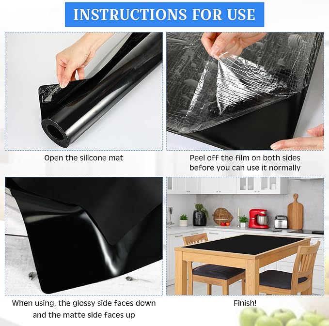 Hushee Silicone Mats for Kitchen Counter in Roll 120'' x 24'' Nonslip Cuttable Heat Resistant Mat for Kitchen Countertop Placemat(Black)