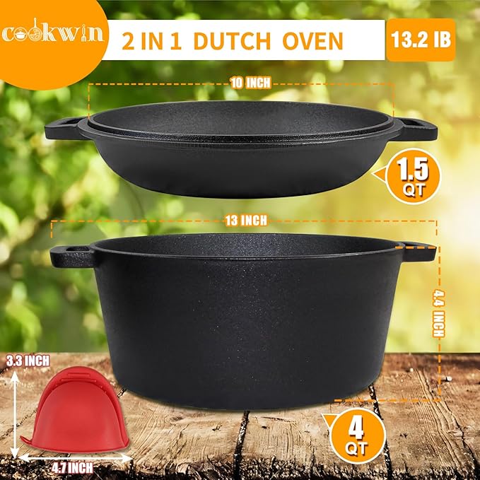 2-in-1 Dutch Oven,Cast Iron Dutch Ovens,Dutch Oven Pot,5.5 Quart Cast Iron Pots,Pre-Seasoned Dutch Oven with Pans Set,All-in-One Cookware Set for camping lodge or RV