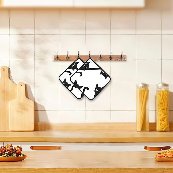 2PCS Black Cat Pot Holder with Loop,Heat Resistant Oven Pads, Hot Pat for Kitchen Cooking Baking Food