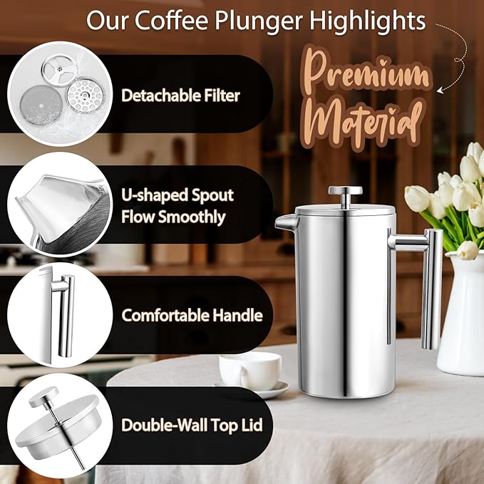 34oz French Press Coffee Maker, 1000ml Stainless Steel Double Insulated Cafetiere 8 Cup Espresso Coffee Press, Portable Coffee Plunger Pot for Home, Office, Camping