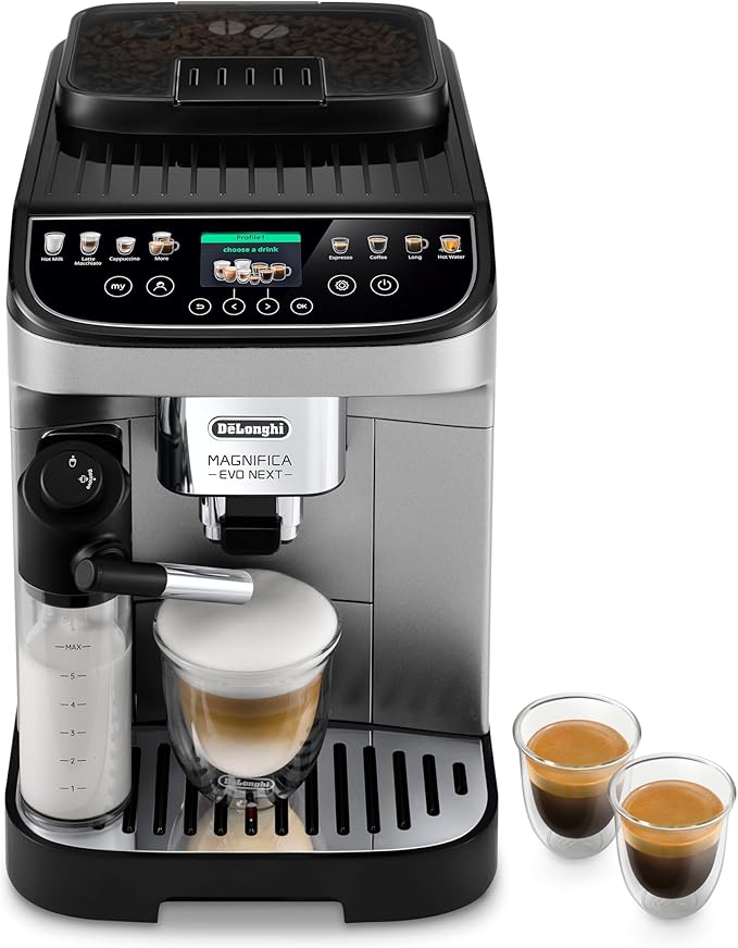 De'Longhi Magnifica Evo Next Fully Automatic Espresso Machine - Programmable Coffee Maker with Grinder and Milk Frother - Hot & Cold Brewer for Espresso, Latte, Cappuccino, Americano, Tea and More