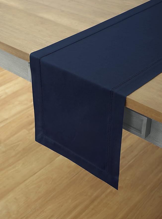 Solino Home Navy Table Runner 120 Inches Long - Cotton Linen Hemstitch 14 x 120 Inch Table Runner for Dining, Summer, Fall, Autumn