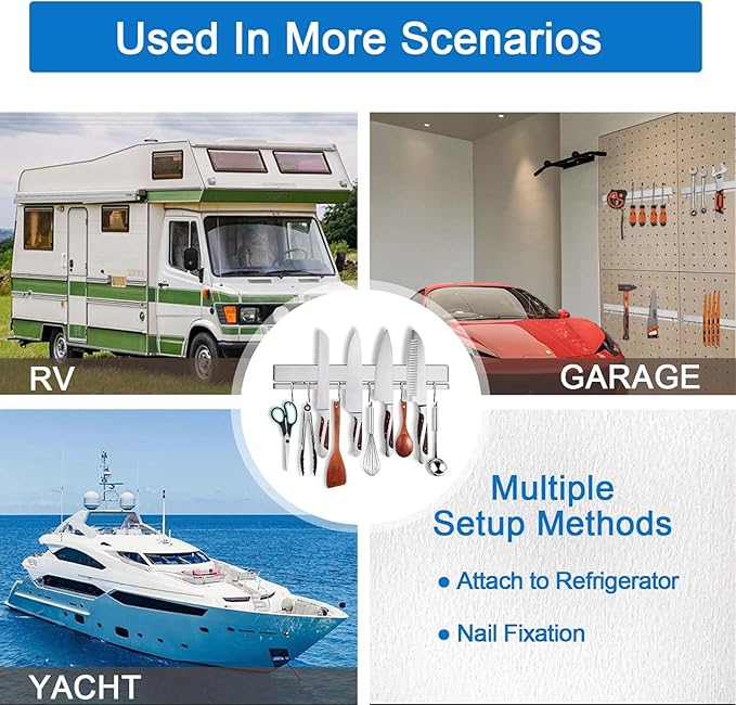 17 Inch Magnetic Knife Holder for Refrigerator with 12 Hooks - Double Sided Magnetic Knife Strip for Fridge - Premium Magnetic Knife Bar Rack - 304 Stainless Steel Kitchen Utensil Hanger