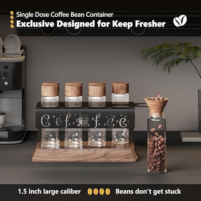 Single Dose Coffee Bean Storage Tubes with One-Way Exhaust Valve,Coffee Bean Container with American Walnut Wood Base,Funnel and Lids,Espresso Bean Storage with 8Pcs Glass Tubes