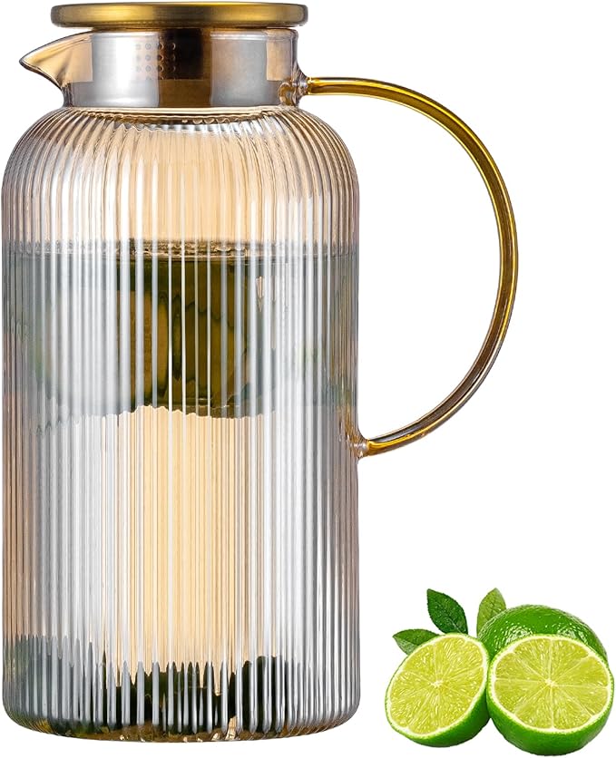Glass Pitcher with Lid, 68 oz/ 2 Liter Amber Classic Vertical Stripes Water Pitcher,Glass Water Carafe for Cold Brew, Coffee, Lemonade, Iced Tea,Beverage, Heat Resistant Water Glass Jug