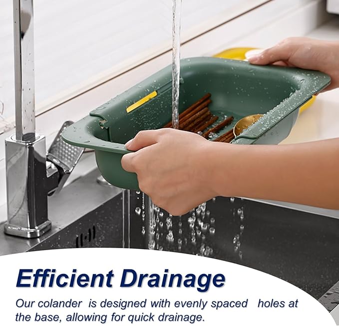 Extendable Sink Colander Strainer Basket - Wash Vegetables and Fruits, Drain Cooked Pasta and Dry Dishes - Adjustable Over the Sink Colander Collapsible Drainer Basket - Green