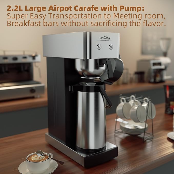 crosson 2.2L Commercial Airpot Coffee Brewer, Pour Over Drip Coffee Maker with 24 Hours Hot 2.2L Thermal Airpot Coffee Carafe Dispenser with Pump