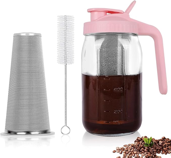 Cold Brew Coffee Maker,32 oz Mason Jar Pitcher with Stainless Steel Filter, Pour Spout Handle Lid, Heavy Duty Glass Airtight & Leak-Proof Pitcher for iced coffee Tea Breastmilk Lemonade-Pink