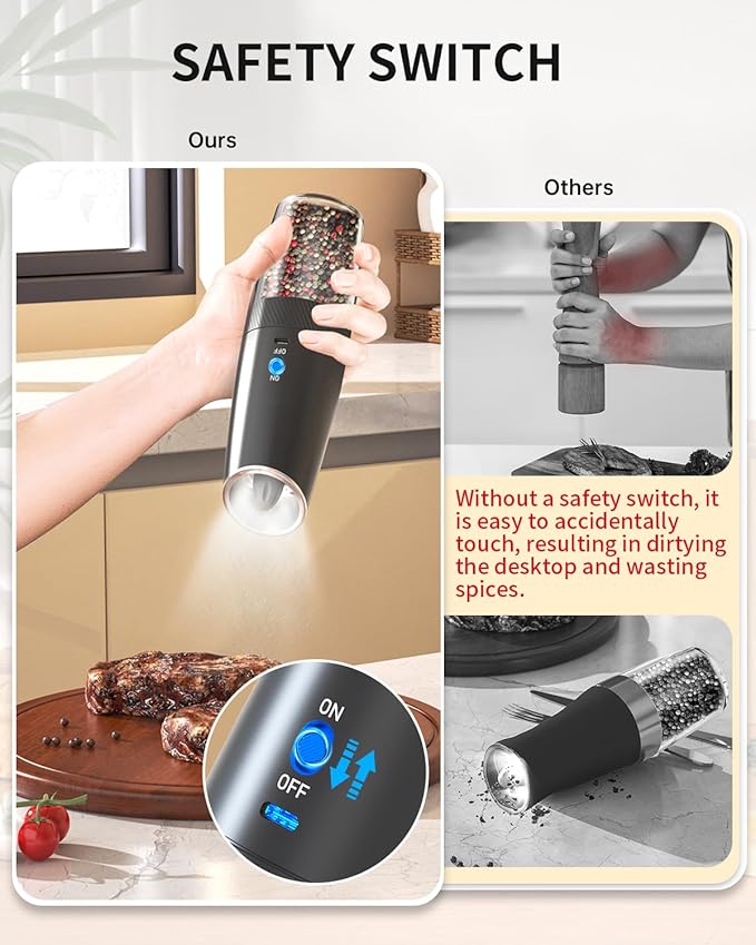 CIRCLE JOY Gravity Electric Pepper Grinder Rechargeable Salt Grinder Pepper Griner Mill Electric with LED Light, No Battery Needed, Adjustable Coarseness, Washable 135ml Container, Black