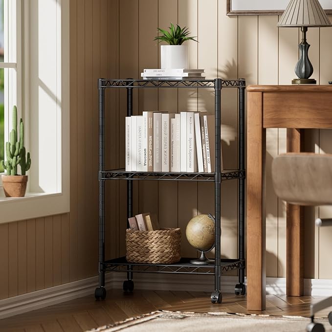 SINGAYE 3 Small Shelves Storage Shelf Wire Shelving Unit Metal Shelf Adjustable Organizers Storage Shelving with Wheels for Bathroom Laundry Room Kitchen Pantry11.5”D x 17.3”W x 30”H Black