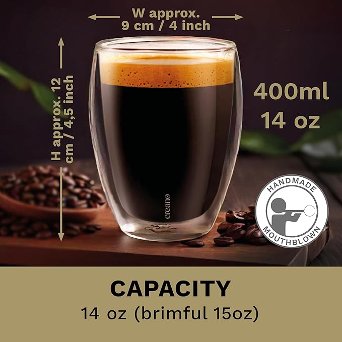 Creano Premium Double-Walled Drinking Glasses 12.5oz / 400 ml - Set of 6 - Professional Quality - 100% Dishwasher Safe (4x 12.5oz)