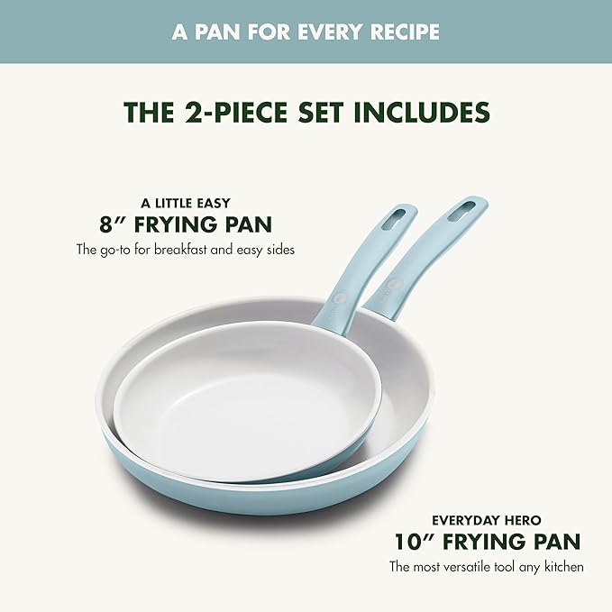 GreenPan Dover 8” and 10” 2 Piece Frying Pan Skillet Set, Non-Toxic PFAS-Free Ceramic Nonstick Coating, Sear Saute Fry Egg Omlete, Dishwasher & Oven Safe, Stay Cool Handle, Easy Pour Rims, Blue Haze