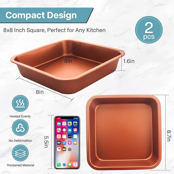 2-Pack 8 inch Square Cake Pan, 8x8 Baking Pan, Cornbread Square Baking Pan, Perfect for Brownies, Lasagna,Oven Safe