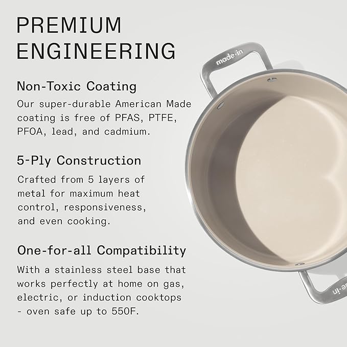 Made In Cookware - 8 QT Ceramic Non Stick Stock Pot with Lid - 5-Ply Stainless Clad with Stay-Cool Handle - Professional Cookware - Crafted in Italy - Induction Compatible